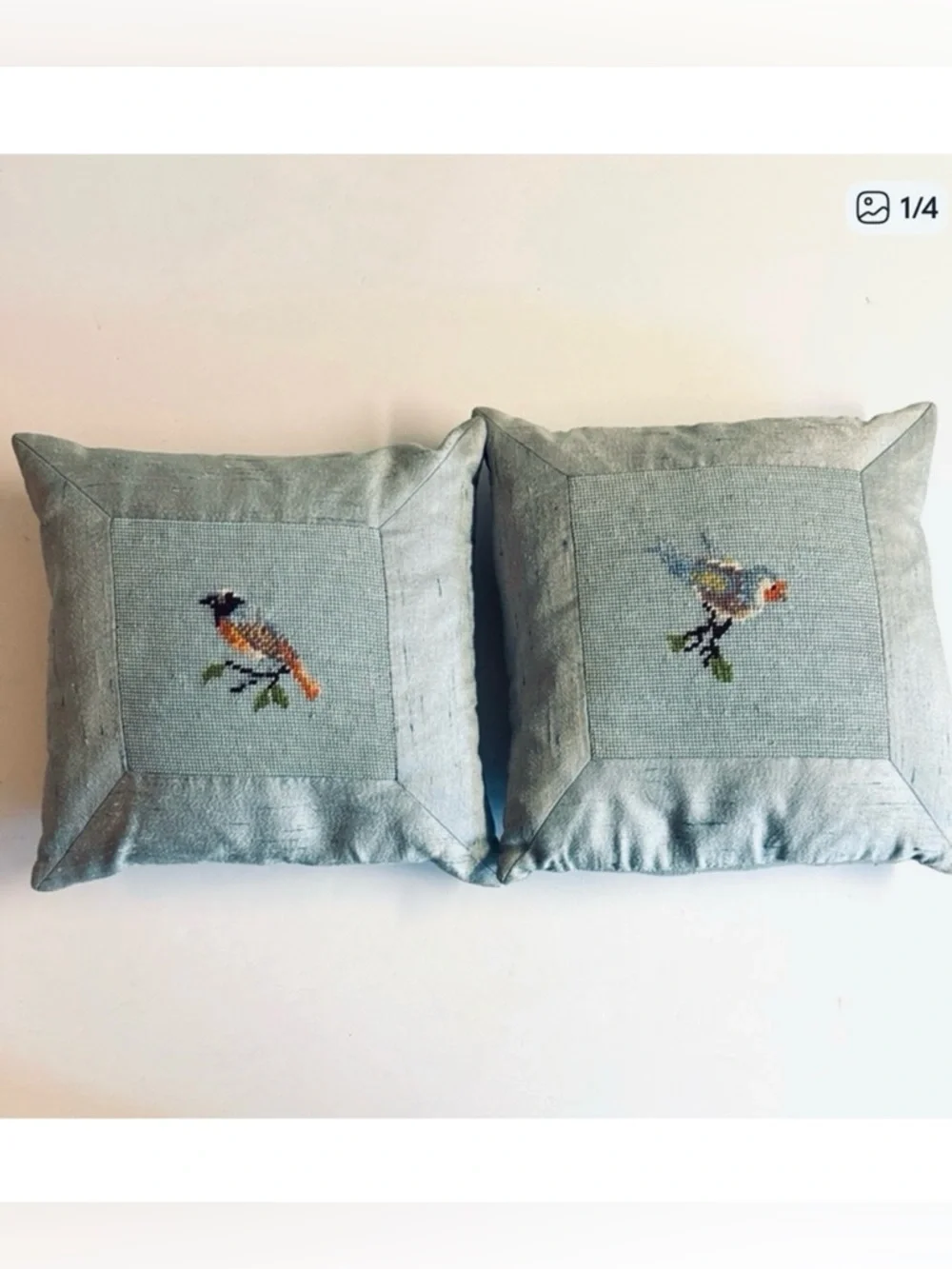 Set of 2 Vintage Handmade Silver Needlepoint Bird Motif Pillows. 13”x 13”